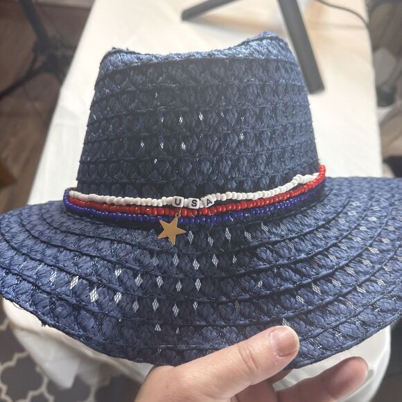 SHEIN Navy Blue Straw Hat Red White And Blue Bead Accents USA NWOT - Picture 7 of 12